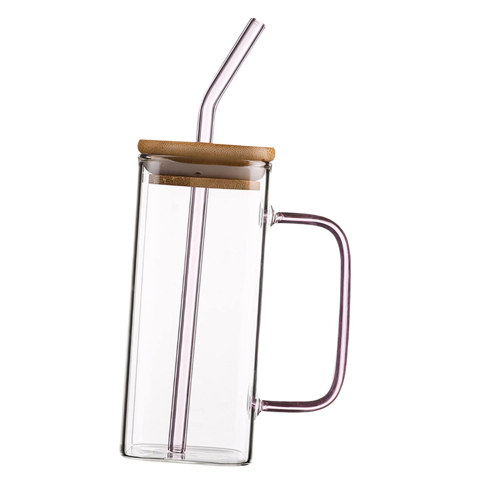 Qianly milk Cup, with Lids and Straws Handle, Drinking Glass Bottle,Square Drinkware Teacup Glass Mug, for Juice Party Milk Breakfast Travel, Pink