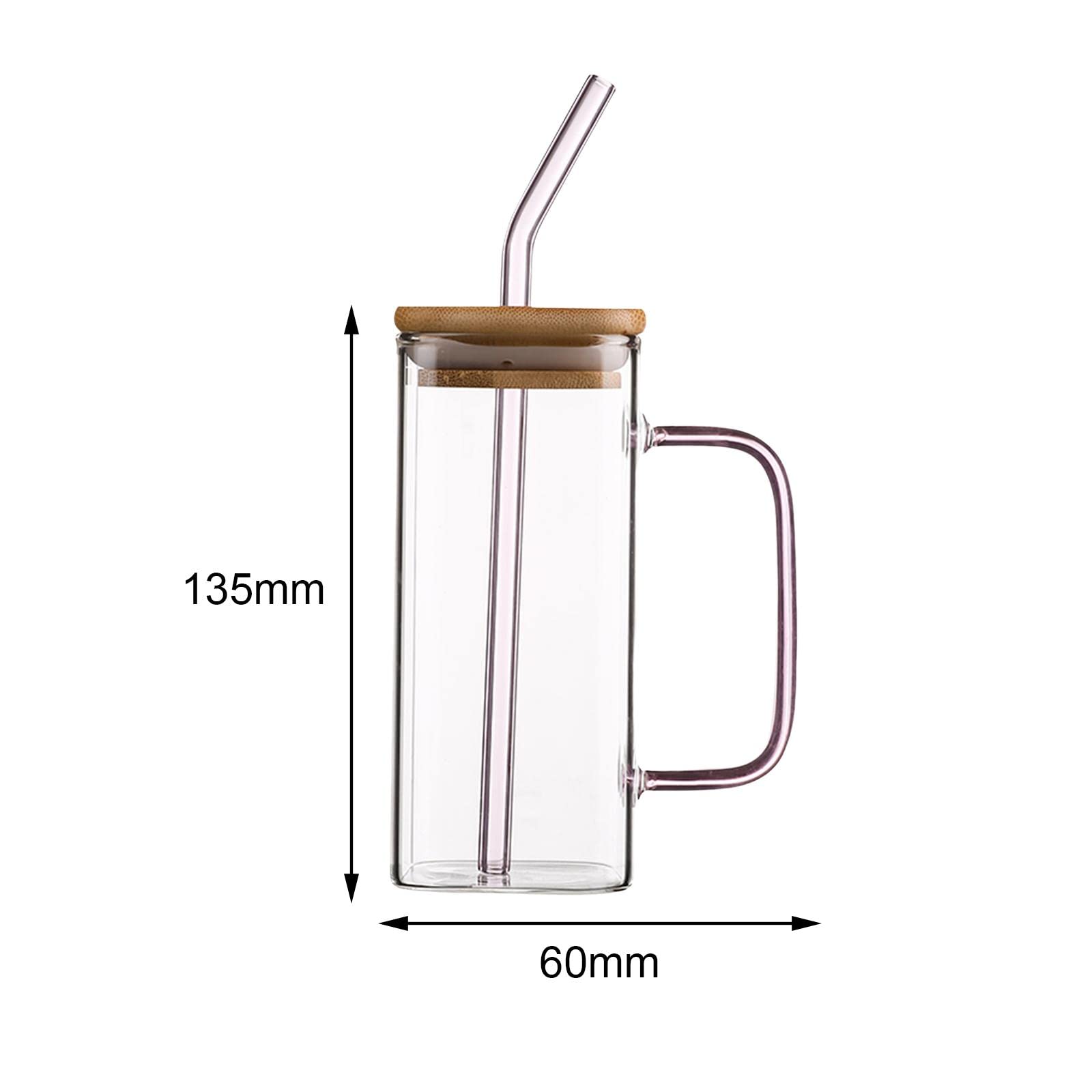 Qianly milk Cup, with Lids and Straws Handle, Drinking Glass Bottle,Square Drinkware Teacup Glass Mug, for Juice Party Milk Breakfast Travel, Pink