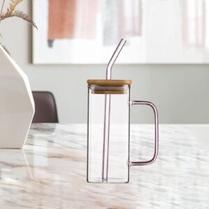 Qianly milk Cup, with Lids and Straws Handle, Drinking Glass Bottle,Square Drinkware Teacup Glass Mug, for Juice Party Milk Breakfast Travel, Pink