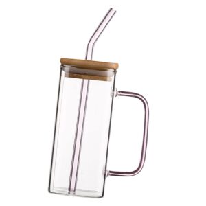 Qianly milk Cup, with Lids and Straws Handle, Drinking Glass Bottle,Square Drinkware Teacup Glass Mug, for Juice Party Milk Breakfast Travel, Pink