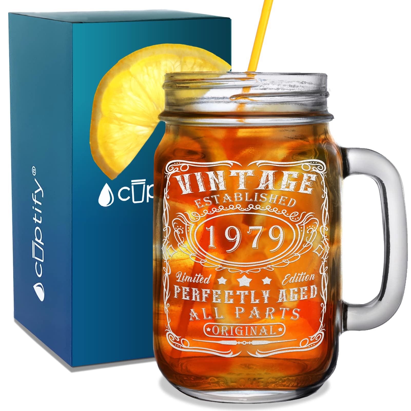 Cuptify 44th Birthday Perfectly Aged 44 Years Old Established 1979 Etched Mason Jar Glass 16 oz Drinking Glasses with Handle