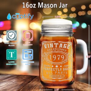 Cuptify 44th Birthday Perfectly Aged 44 Years Old Established 1979 Etched Mason Jar Glass 16 oz Drinking Glasses with Handle