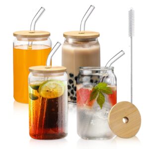 weiei beer can glasses with bamboo lids and glass straw 4pcs set - 16oz, wide mouth iced coffee cups with 4 straws, can shaped glass cups, reusable glass tumbler boba cup for tea, boba, smoothie