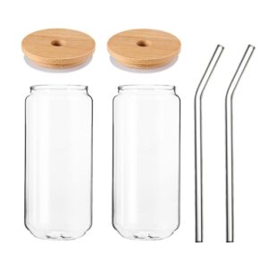 doitool 2pcs beer can glass with lid and straw, 18.6 oz can shaped glass cup with lids ans straw, drinking glass cup with glass straw for juice, beer, soda, iced drinks and cocktails ( 550ml )