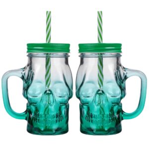 amosfun 2pcs glass tumbler with straw and lid skull mason jar cup cups drinking jars clear lids tumblers- halloween skull gradient glass- cup wine glasses drink milk cup (500ml)