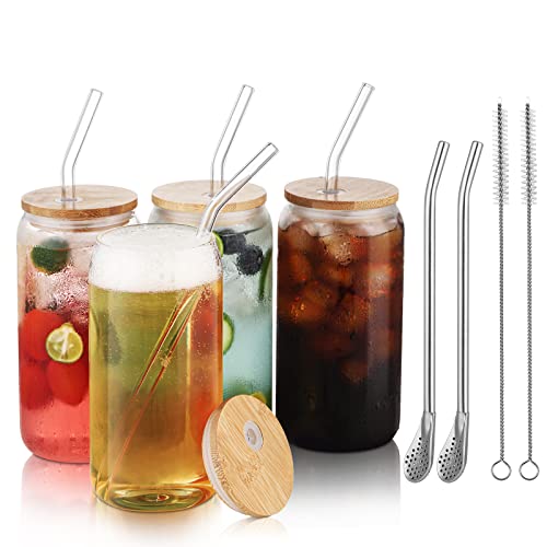 JIAQI Glass Cups with Lids and Straws 4pcs, 6oz DIY Drinking Glasses Mason jar,Beer Cup,Reusable Travel Bottle, Ideal for Coffee, Beer,cocktail