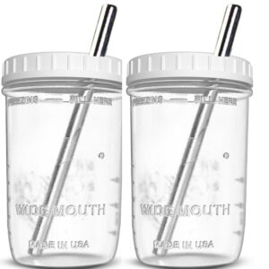 jarming collections travel glass reusable smoothie cups with lids and straws - glass smoothie - mason jar with lid and straw, freezer safe smoothie wide mouth mason jar drinking glasses, (2, 16oz)