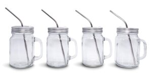 home suave mason jar mugs with handle sets, regular mouth, colorful lids with reusable stainless steel straw, kitchen glass 16 oz jars & dishwasher safe (4, silver)