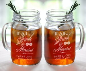 eat drink and be married set of 2 personalized mason jars drinking mugs with handle mr and mrs name date wedding, engagement party gift favor newlyweds his and hers couple gift idea barn theme (16 oz)