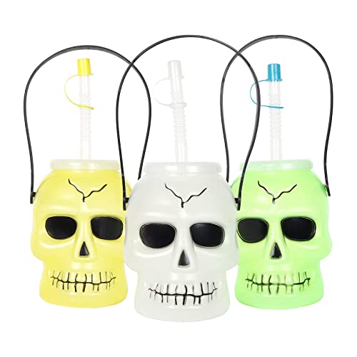 KEPATO Halloween Skull Cup Skull Tumblers,Drinking Jars with lids and straws,Includes three colors of green, white and yellow Skull Travel Mug(3pcs，3.5inch x5inch) Halloween party supplies decoration