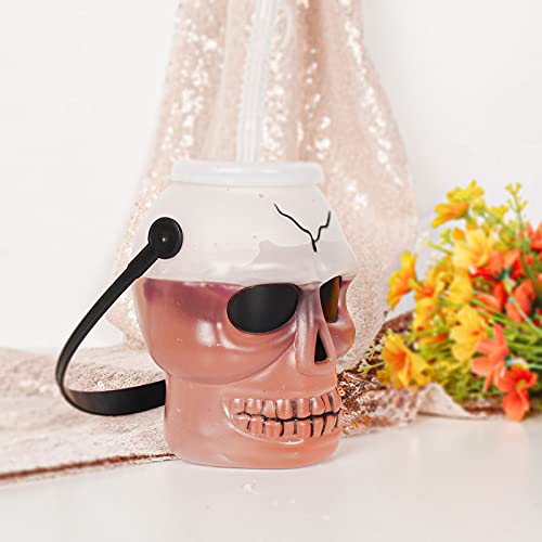 KEPATO Halloween Skull Cup Skull Tumblers,Drinking Jars with lids and straws,Includes three colors of green, white and yellow Skull Travel Mug(3pcs，3.5inch x5inch) Halloween party supplies decoration