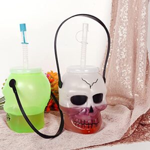 KEPATO Halloween Skull Cup Skull Tumblers,Drinking Jars with lids and straws,Includes three colors of green, white and yellow Skull Travel Mug(3pcs，3.5inch x5inch) Halloween party supplies decoration