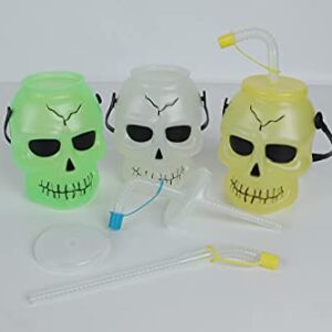 KEPATO Halloween Skull Cup Skull Tumblers,Drinking Jars with lids and straws,Includes three colors of green, white and yellow Skull Travel Mug(3pcs，3.5inch x5inch) Halloween party supplies decoration