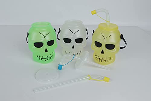 KEPATO Halloween Skull Cup Skull Tumblers,Drinking Jars with lids and straws,Includes three colors of green, white and yellow Skull Travel Mug(3pcs，3.5inch x5inch) Halloween party supplies decoration