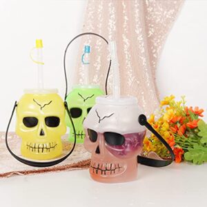 KEPATO Halloween Skull Cup Skull Tumblers,Drinking Jars with lids and straws,Includes three colors of green, white and yellow Skull Travel Mug(3pcs，3.5inch x5inch) Halloween party supplies decoration