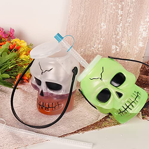 KEPATO Halloween Skull Cup Skull Tumblers,Drinking Jars with lids and straws,Includes three colors of green, white and yellow Skull Travel Mug(3pcs，3.5inch x5inch) Halloween party supplies decoration