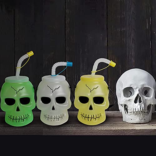 KEPATO Halloween Skull Cup Skull Tumblers,Drinking Jars with lids and straws,Includes three colors of green, white and yellow Skull Travel Mug(3pcs，3.5inch x5inch) Halloween party supplies decoration