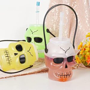 KEPATO Halloween Skull Cup Skull Tumblers,Drinking Jars with lids and straws,Includes three colors of green, white and yellow Skull Travel Mug(3pcs，3.5inch x5inch) Halloween party supplies decoration