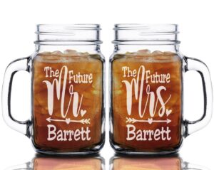 custom-engraved-glasses-by-stockingfactory the future mr and mrs personalized set of 2 masons mug rustic country wedding party favors newlywed couple his and her mugs groom gift for wife