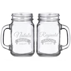 bride and groom rustic banner personalized glass mason mugs (set of 2)