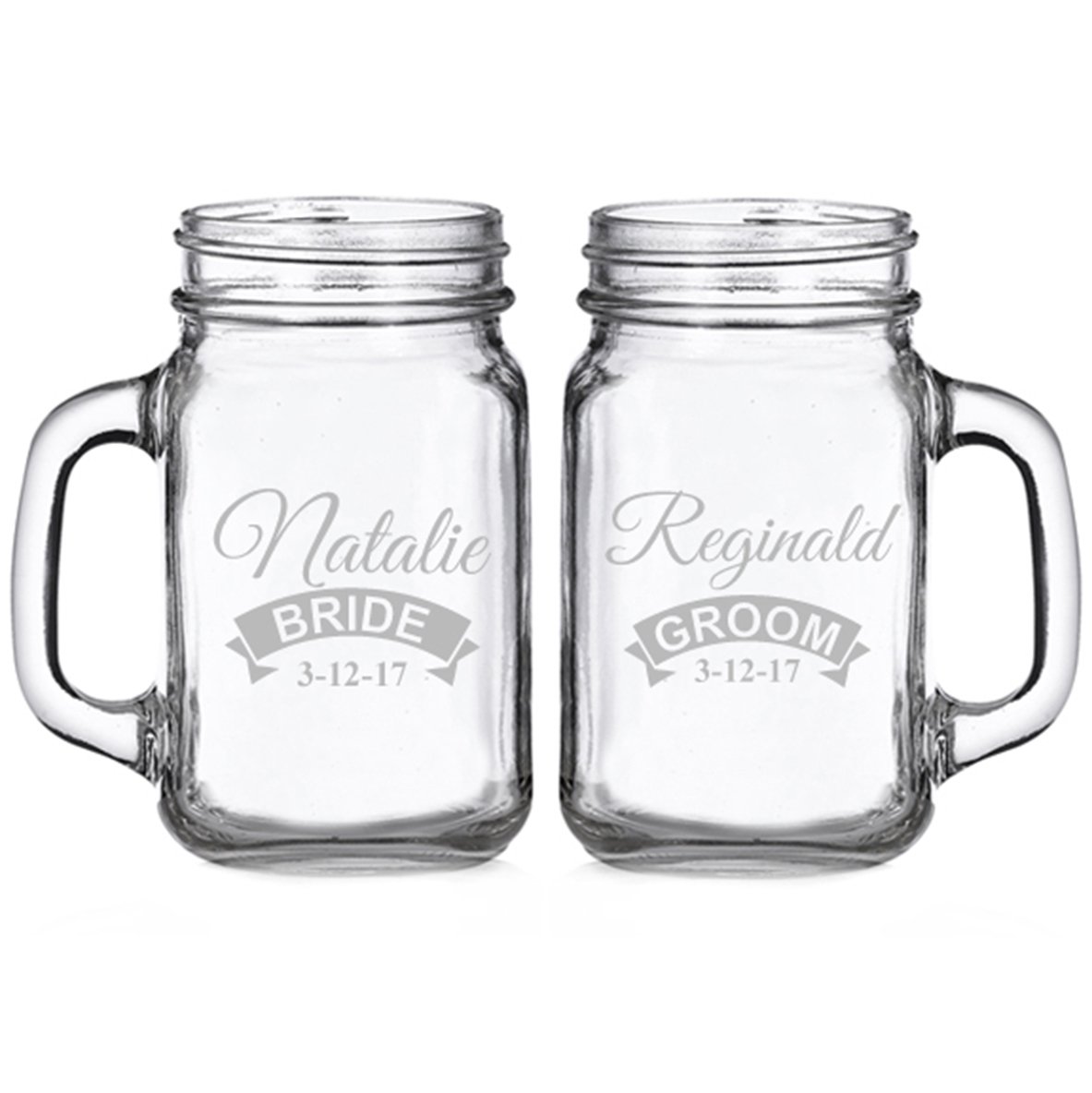 Bride and Groom Rustic Banner Personalized Glass Mason Mugs (set of 2)