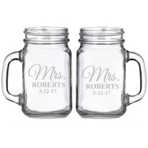 mrs. and mrs. classic script personalized glass mason mugs (set of 2)