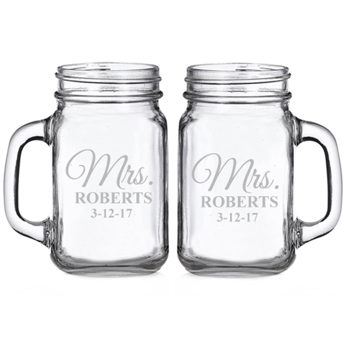 Mrs. and Mrs. Classic Script Personalized Glass Mason Mugs (set of 2)