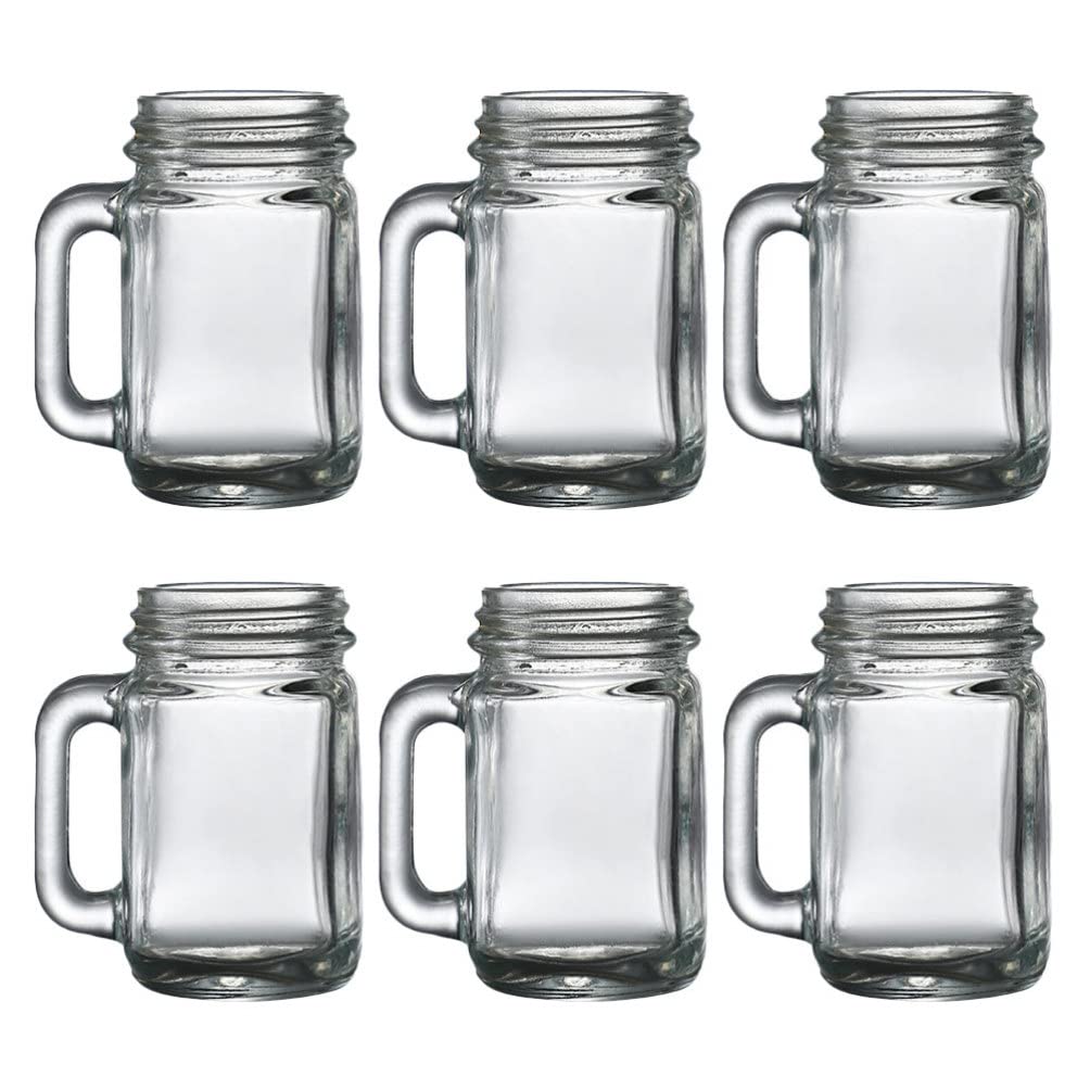 Cabilock Mini Glass Mason Jar Mason Jars Mugs with Glass Handles, 6pcs 40ml Drinking Glasses Old Fashioned Drink Glass for Beverages Wales Cocktails Beer Tea Party Favors Whiskey Glasses