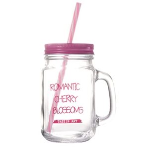 DOITOOL Mason Jar Drinking Mug 500ML Smoothie Cup Glass Juice Tumbler with Lid Handle and Straw for Juice Milk Cold Water Beverages (Pink)