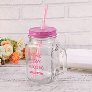 DOITOOL Mason Jar Drinking Mug 500ML Smoothie Cup Glass Juice Tumbler with Lid Handle and Straw for Juice Milk Cold Water Beverages (Pink)