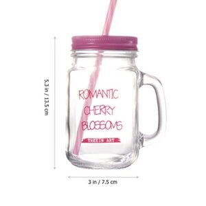 DOITOOL Mason Jar Drinking Mug 500ML Smoothie Cup Glass Juice Tumbler with Lid Handle and Straw for Juice Milk Cold Water Beverages (Pink)