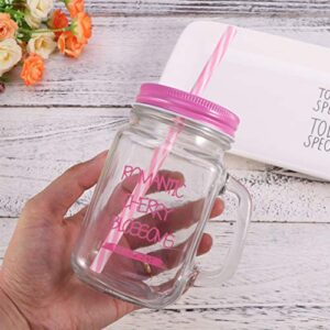 DOITOOL Mason Jar Drinking Mug 500ML Smoothie Cup Glass Juice Tumbler with Lid Handle and Straw for Juice Milk Cold Water Beverages (Pink)