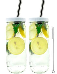 jarming collections - reusable glass smoothie jars with lids & straws - glass jars with white plastic lids & metal straws, jar tumblers for iced coffee glass, smoothies, milk shakes (white, pack of 2)