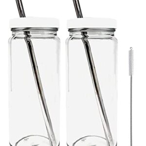 Jarming Collections - Reusable Glass Smoothie Jars with Lids & Straws - Glass Jars with White Plastic Lids & Metal Straws, Jar Tumblers for Iced Coffee Glass, Smoothies, Milk Shakes (White, Pack of 2)