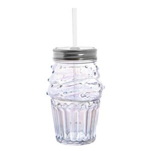 slant collections - shaped glass jar with lid and straw, 15.5-ounce, cupcake - clear