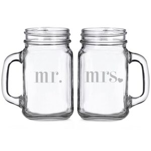 mr. and mrs. heart engraved glass mason mugs (set of 2)