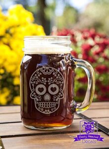 heart eyed day of the dead skull etched mason handled glass jar mug gift