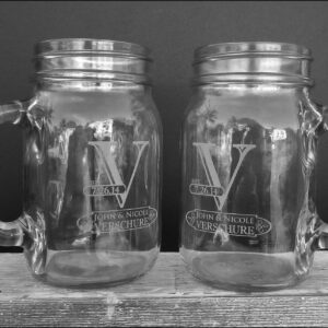 Initial Mr Mrs Set of 2 Personalized Mason Jar Drinking Mugs with Handle Custom Etched Name Date for Wedding, Engagement Anniversary Bridal Party Favor Newlyweds Couple Engraved His and Hers Gift Idea