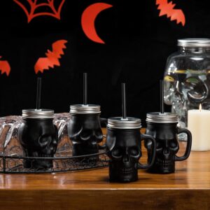 mygift matte black halloween skull wide mouth mason jar glass mug with silver screw on lid and reusable straw, decorative halloween drinkware - 12 oz, set of 4