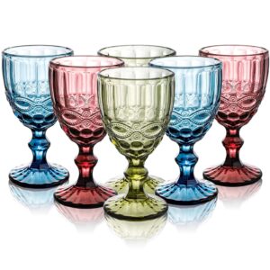 youeon set of 6 colored wine goblets, 10 oz wine glasses set with embossed pattern, colored wine glasses vintage glassware for party, wedding, bar, wine, juice, beverage, 3 colors