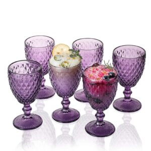 1500° c tabletop purple colored goblet glasses 10 oz. set of 6 water goblets vintage glassware embossed with diamond pattern for iced tea beverage for party and wedding