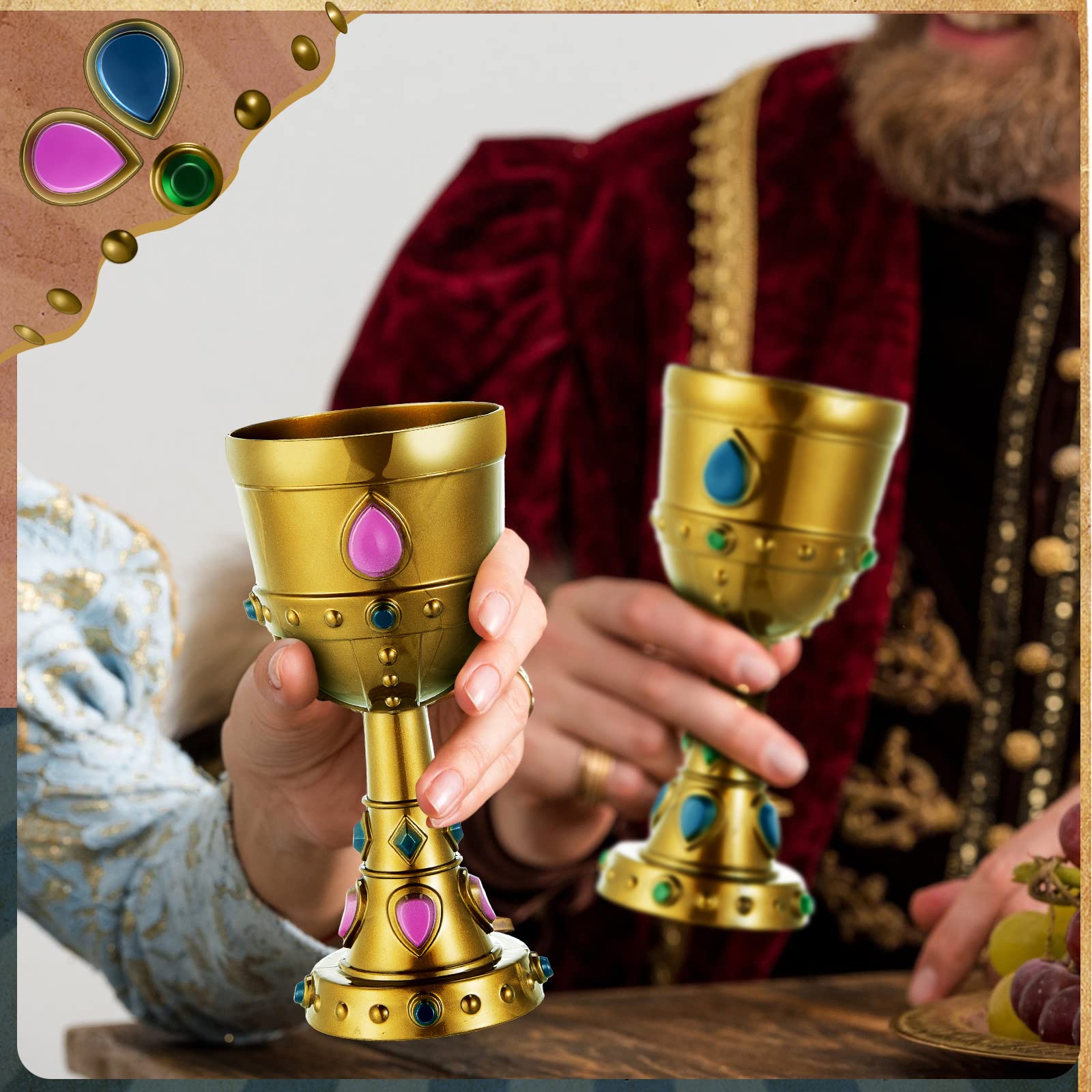 Suclain Medieval Molded Crown Goblets 8 oz Gold Jeweled Goblet Vintage Plastic Goblet King Queen Party Goblets Medieval Party Decorations for Carnival Party Drinking Supplies(20 Pcs)