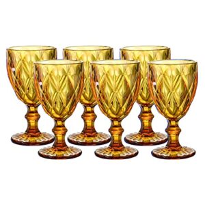 heng river colored wine glasses, water glass goblets, glass drinkware sets, vintage water glass cups, embossed drinking glasses, stemmed glassware, 11 oz, set of 6 (amber)