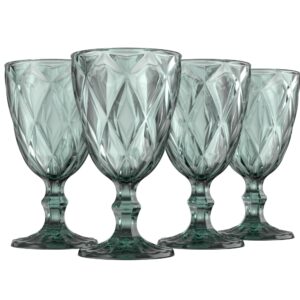 Greenline Goods Gray Goblet Glasses - Set Of 4 (10 oz) Vintage Water, Wine, Drink Glassware Set - Modern Diamond Textured Drinking Glasses - Unique Embossed Pattern - Unique Stemmed Glassware