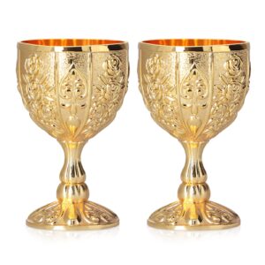 mini gold goblet 2pcs, 30ml vintage metal shot glasses tiny embossed wine cup tiny gold chalice goblet embossed wine liqueur cup shot glass for bar, home(gold)