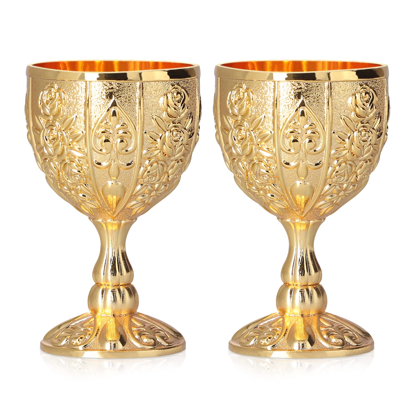 Mini Gold Goblet 2Pcs, 30ml Vintage Metal Shot Glasses Tiny Embossed Wine Cup Tiny Gold Chalice Goblet Embossed Wine Liqueur Cup Shot Glass for Bar, Home(Gold)