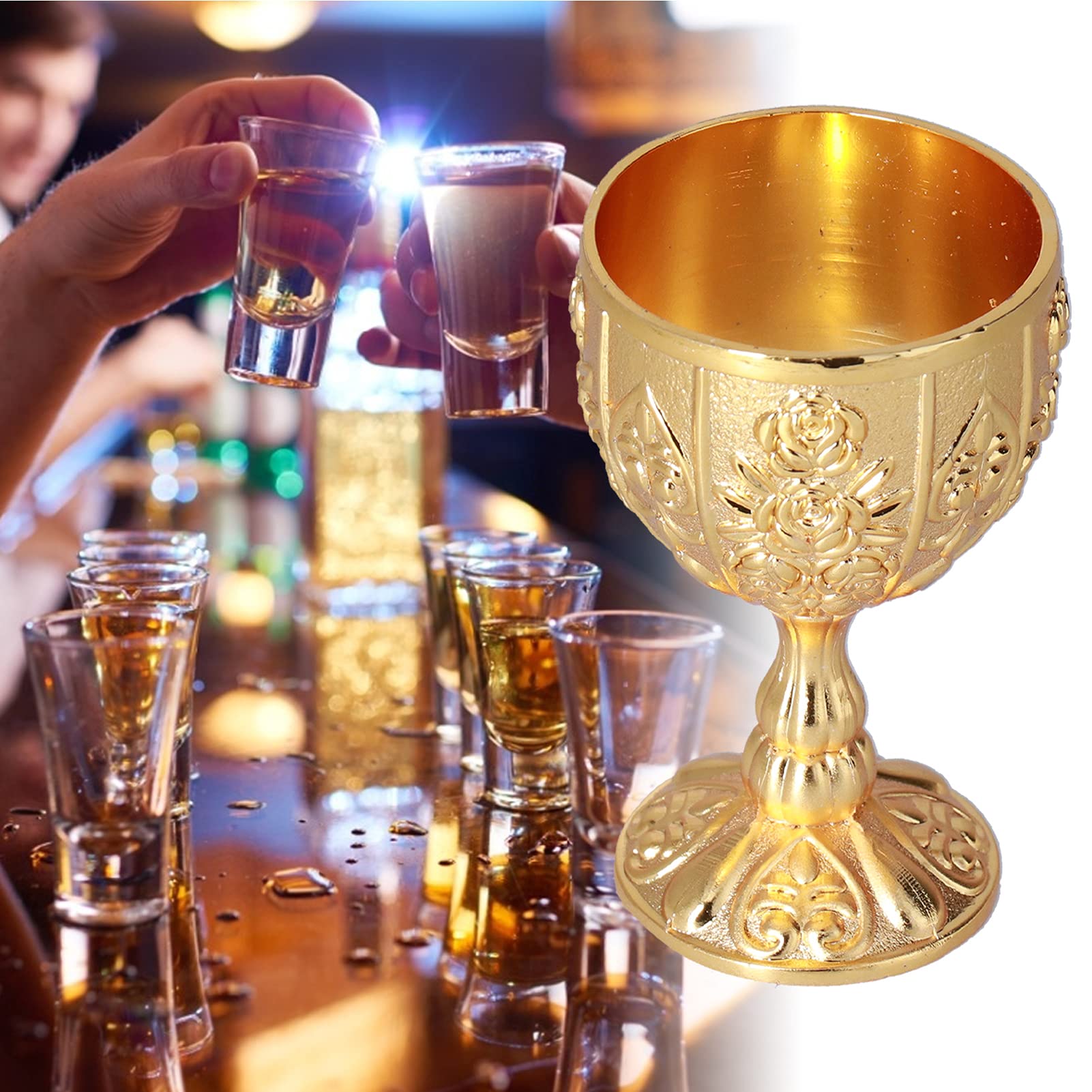 Mini Gold Goblet 2Pcs, 30ml Vintage Metal Shot Glasses Tiny Embossed Wine Cup Tiny Gold Chalice Goblet Embossed Wine Liqueur Cup Shot Glass for Bar, Home(Gold)