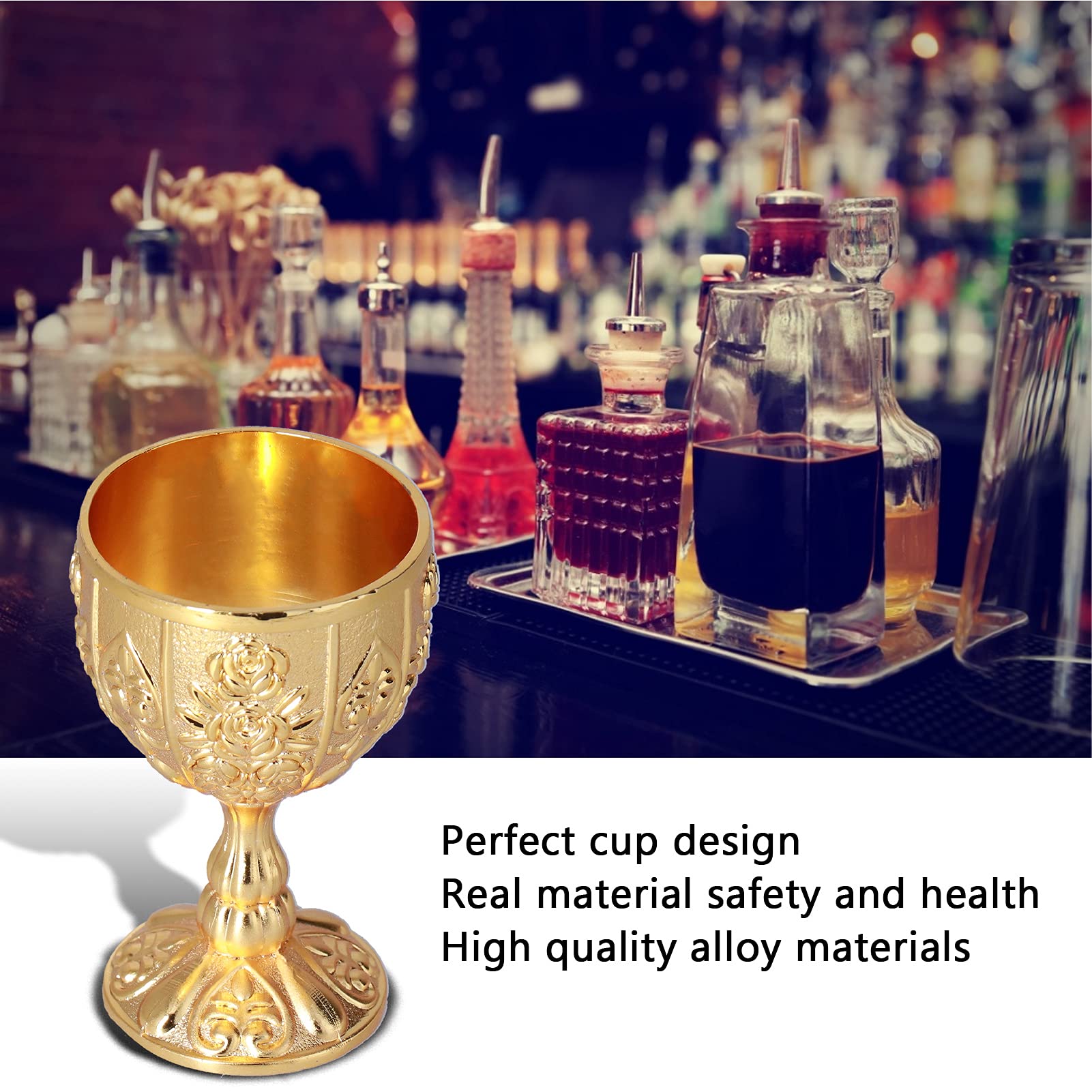 Mini Gold Goblet 2Pcs, 30ml Vintage Metal Shot Glasses Tiny Embossed Wine Cup Tiny Gold Chalice Goblet Embossed Wine Liqueur Cup Shot Glass for Bar, Home(Gold)