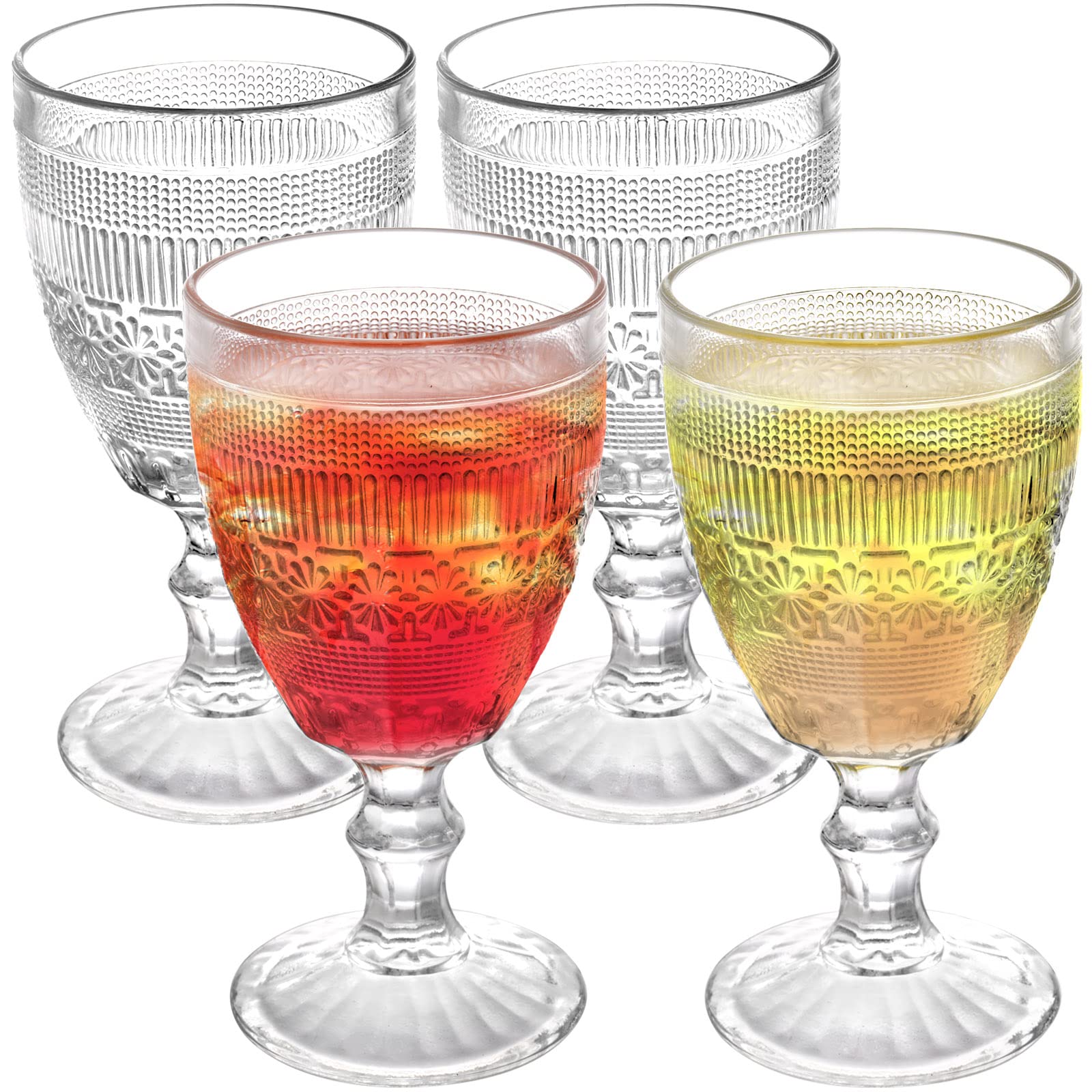 Coloch 4 Pack Wine Goblet Glasses, 11 Oz Vintage Water Glasses Set Romantic Mixed Drinking Glassware for Juice, Red Wine, Cocktail, Baby Shower, Wedding, Party