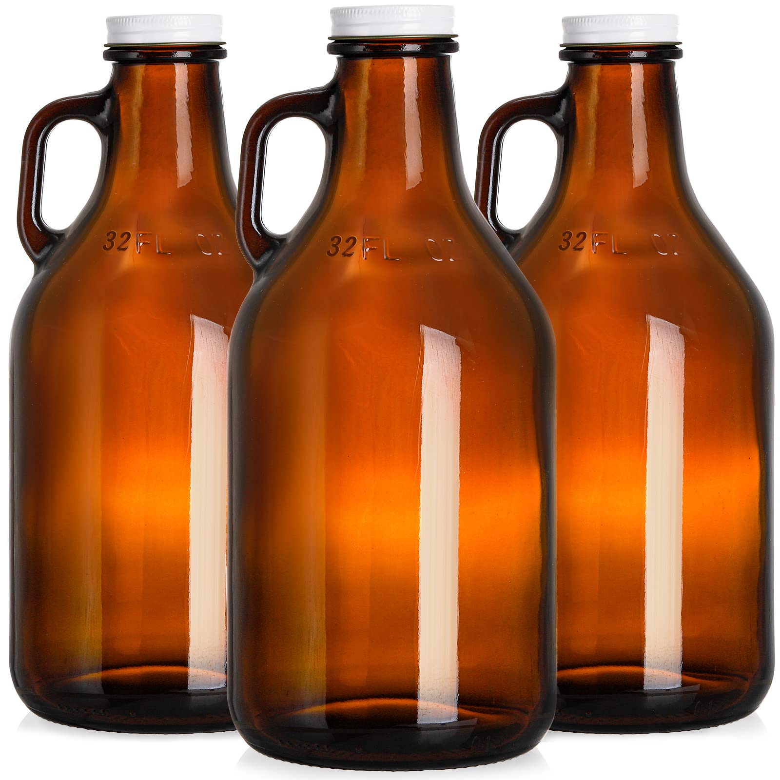 ZEAYEA 3 Pack Glass Growler, 32 oz Amber Glass Jug with Lids and Handle, Great for Beer, Home Brewing, Kombucha, Distilled Water